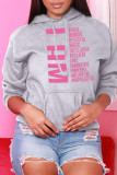 Grey Fashion Casual Letter Print Basic Hooded Collar Tops