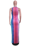 Multicolor Sexy Print Split Joint O Neck Straight Dresses