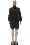 Black Fashion Casual Adult Polyester Solid Split Joint Turtleneck Long Sleeve Mini A Line Dresses