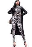 Black Polyester Sexy Two Piece Suits Patchwork Striped pencil Long Sleeve