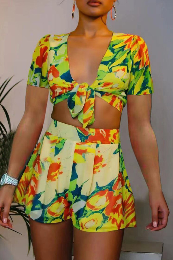 Multicolor Fashion Sexy Print Basic V Neck Short Sleeve Two Pieces