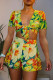 Multicolor Fashion Sexy Print Basic V Neck Short Sleeve Two Pieces
