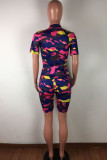 Pink Casual Print Zippered Split Joint Short Sleeve Two Pieces