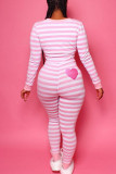 Pink Casual Living Striped Print Basic V Neck Skinny Jumpsuits