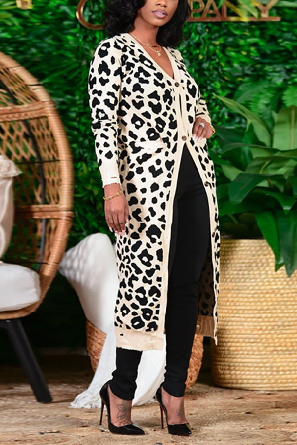 White Casual Leopard Patchwork V Neck Outerwear