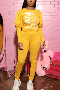 Yellow Fashion Casual Adult Polyester Print Letter O Neck Long Sleeve Hubble-Bubble Sleeve Regular Two Pieces
