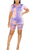 purple Polyester Fashion Sexy adult Ma'am Patchwork Print Two Piece Suits Straight Short Sleeve Two Pieces
