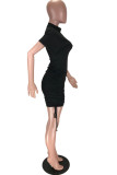 Black Sexy Black Grey Short Sleeves O neck Pencil Dress Mini Solid Draped Dresses