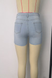 Medium Blue Fashion Casual Solid Strap Design Without Belt High Waist Jeans