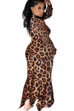 Leopard print Cotton Sexy Cap Sleeve Long Sleeves Turtleneck Step Skirt Floor-Length camouflage Leopard Print