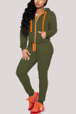 Army Green Sexy Casual Blends Solid Draw String Pocket Hooded Collar Long Sleeve Regular Sleeve Regular Two Pieces