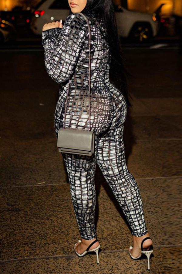 Grey Vintage Print Zipper O Neck Regular Jumpsuits