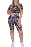 colour Fashion Casual adult Patchwork Print Two Piece Suits Straight Short Sleeve Two Pieces