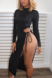 Black Fashion Sexy Adult Milk Fiber Solid Hollowed Out Frenulum Half A Turtleneck Long Sleeve Mid Calf Asymmetrical Dresses