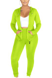 Fluorescent green Sexy Solid Split Joint Hooded Collar Long Sleeve Regular Sleeve Regular Two Pieces