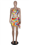 Multi-color Polyester Sexy Fashion Patchwork Bandage Print Hip skirt Sleeveless Two-Piece Dress