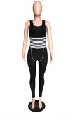 Black Casual Sportswear Striped Patchwork U Neck Skinny Jumpsuits