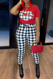 Red Casual Plaid Lips Printed Patchwork O Neck Short Sleeve Two Pieces