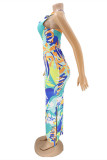 Red Fashion Sexy Print Backless Slit Spaghetti Strap Sleeveless Dress