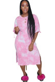 Pink Polyester Fashion Casual adult Ma'am Pink Cap Sleeve Short Sleeves O neck Step Skirt Mid-Calf Print Dresses