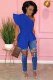 Blue Polyester One Shoulder Collar Sleeveless ruffle Solid asymmetrical Patchwork Mesh