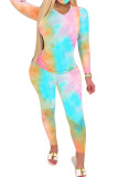 Green Fashion Sexy Adult Polyester Print Split Joint Tie-dye O Neck Long Sleeve Regular Sleeve Regular Two Pieces