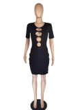 Black Fashion Sexy Solid Hollowed Out O Neck Short Sleeve Dress