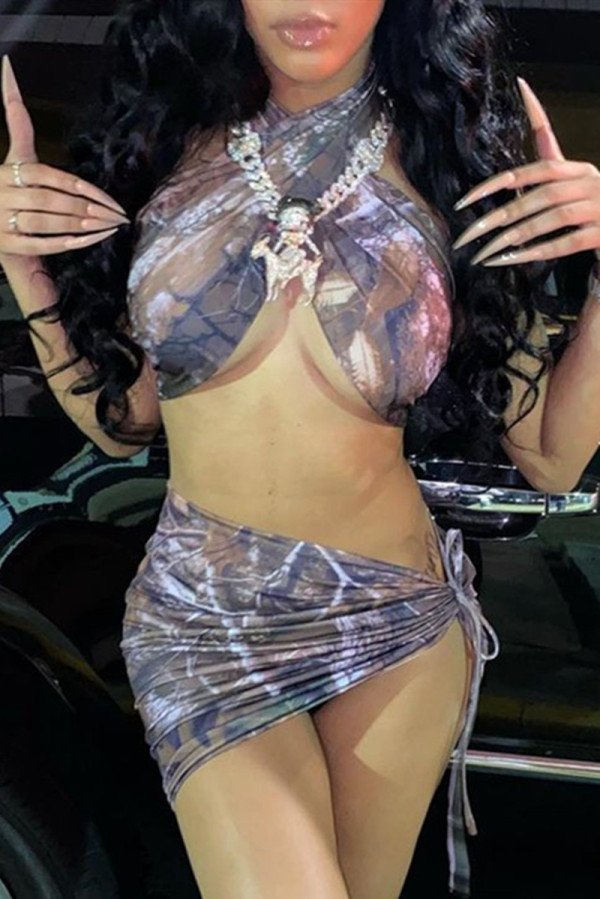 Grey Fashion Sexy Print See-through Backless Strap Design Halter Sleeveless Two Pieces