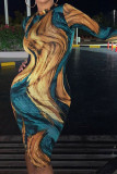 Colour Sexy Print Asymmetrical O Neck Pencil Skirt Dresses
