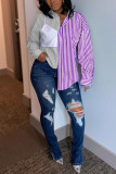 purple Fashion Casual Striped Print Split Joint Shirt Collar Tops