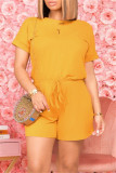 Light Coffee Fashion Casual Solid Basic O Neck Regular Short Sleeve Romper