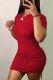 Red Sexy Solid Frenulum Fold O Neck Pencil Skirt Dresses
