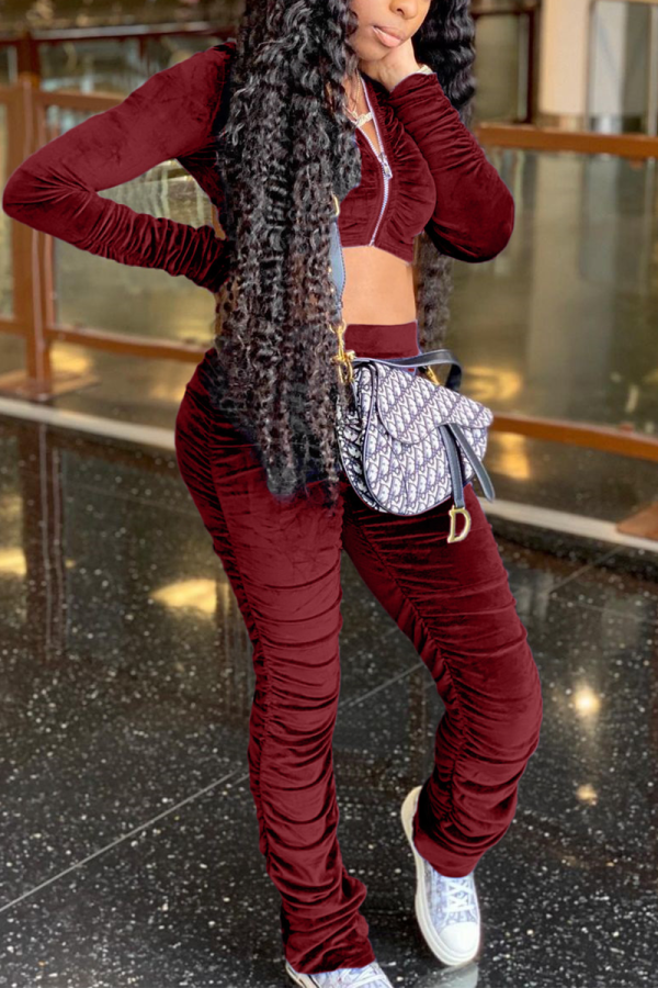 Wine Red Casual Solid Patchwork Zipper Collar Long Sleeve Two Pieces