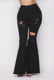 Black Casual Patchwork Ripped Skinny Small Elastic High Waist Speaker Bottoms