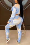 Sky Blue Sexy Patchwork Tie-dye O Neck Long Sleeve Two Pieces