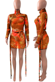 Tangerine Red Sexy Print Mesh Turtleneck Pencil Skirt Dresses