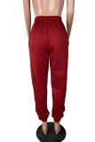 Red Solid Draw String Loose Mid Waist Harlan Bottoms