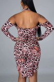 Leopard print Fashion Sexy Print Leopard Hollowed Out Draw String Backless Halter Long Sleeve Mini Printed Dress Dresses