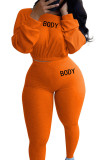Orange Fashion Sexy Adult Polyester Letter Embroidered Letter O Neck Long Sleeve Regular Sleeve Regular Two Pieces