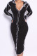 Black Fashion Sexy Solid Patchwork V Neck Long Sleeve Dresses