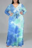 Powder Blue Fashion Casual Print Tie-dye V Neck Long Sleeve Plus Size Dress