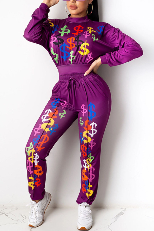 purple Casual Polyester Cotton Blends Letter Patchwork Print Split Joint Fold Letter Pullovers Pants O Neck Long Sleeve Regular Sleeve Regular Two Pieces