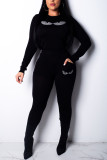 Black Fashion Casual Patchwork Basic O Neck Long Sleeve Two Pieces