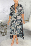 Green Sexy Polyester Camouflage Print Split Joint Turndown Collar Outerwear