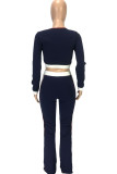 Dark Blue Polyester Fashion Casual adult Ma'am Patchwork Solid Two Piece Suits Straight Long Sleeve Two Pieces