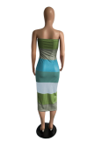 Green Sexy Striped Patchwork Off the Shoulder Pencil Skirt Dresses