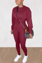 fuchsia Casual Solid O Neck Long Sleeve Two Pieces