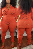 Orange Fashion Casual Solid Ripped Zipper Collar Plus Size Jumpsuit