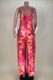 Rose Red Sexy Casual Print Tie Dye Backless Spaghetti Strap Loose Jumpsuits