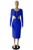 Blue Sexy Solid Hollowed Out V Neck Pencil Skirt Dresses